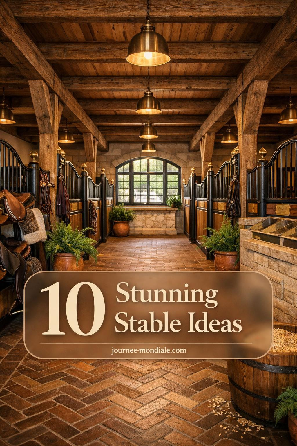 Spacious horse barn interior featuring dark wood stall fronts, concrete flooring, natural lighting, organized tack storage, and professional equestrian facility design