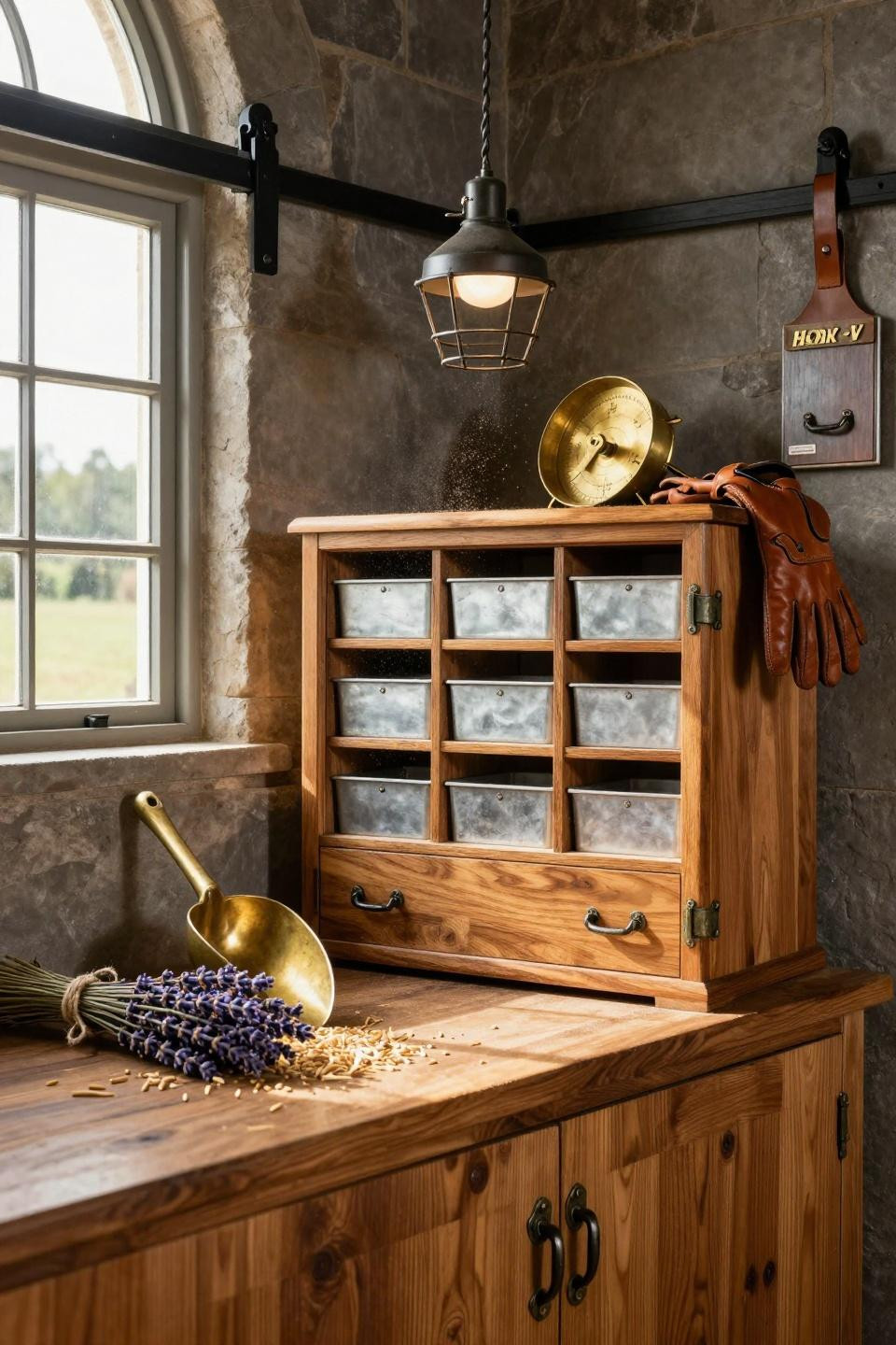 Horse barn ideas stables featuring organized feed storage