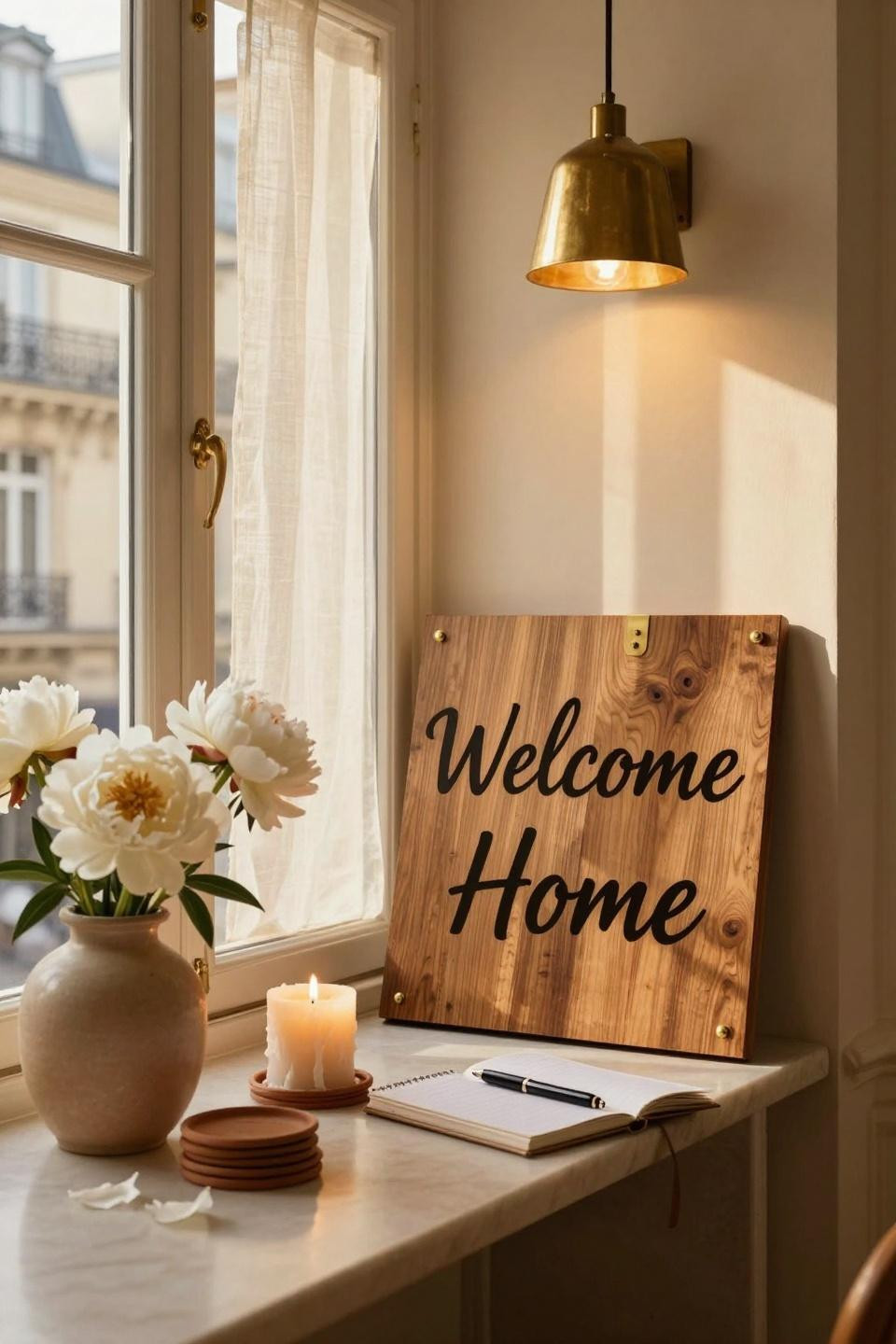 house warming party ideas - wooden welcome sign in entryway