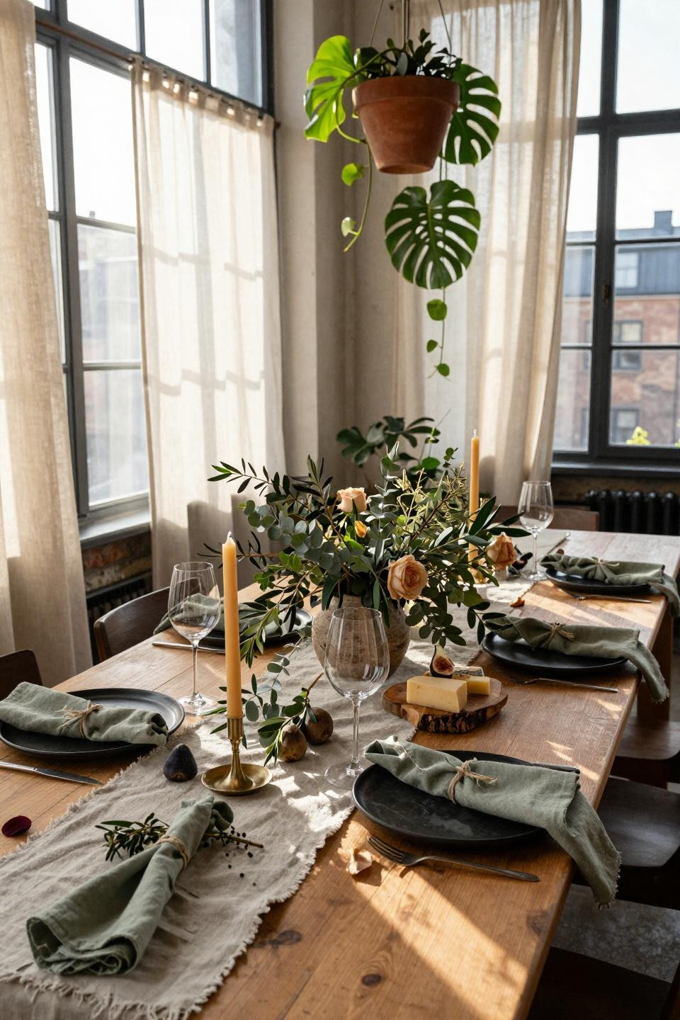 house warming party ideas - lush green tablescape with candles
