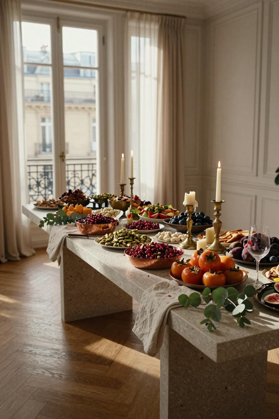 house warming party ideas - colorful food spread on console table