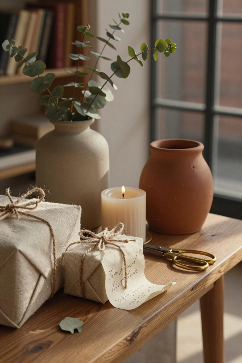 house warming party ideas - hand-curated gift display with linen wrapping