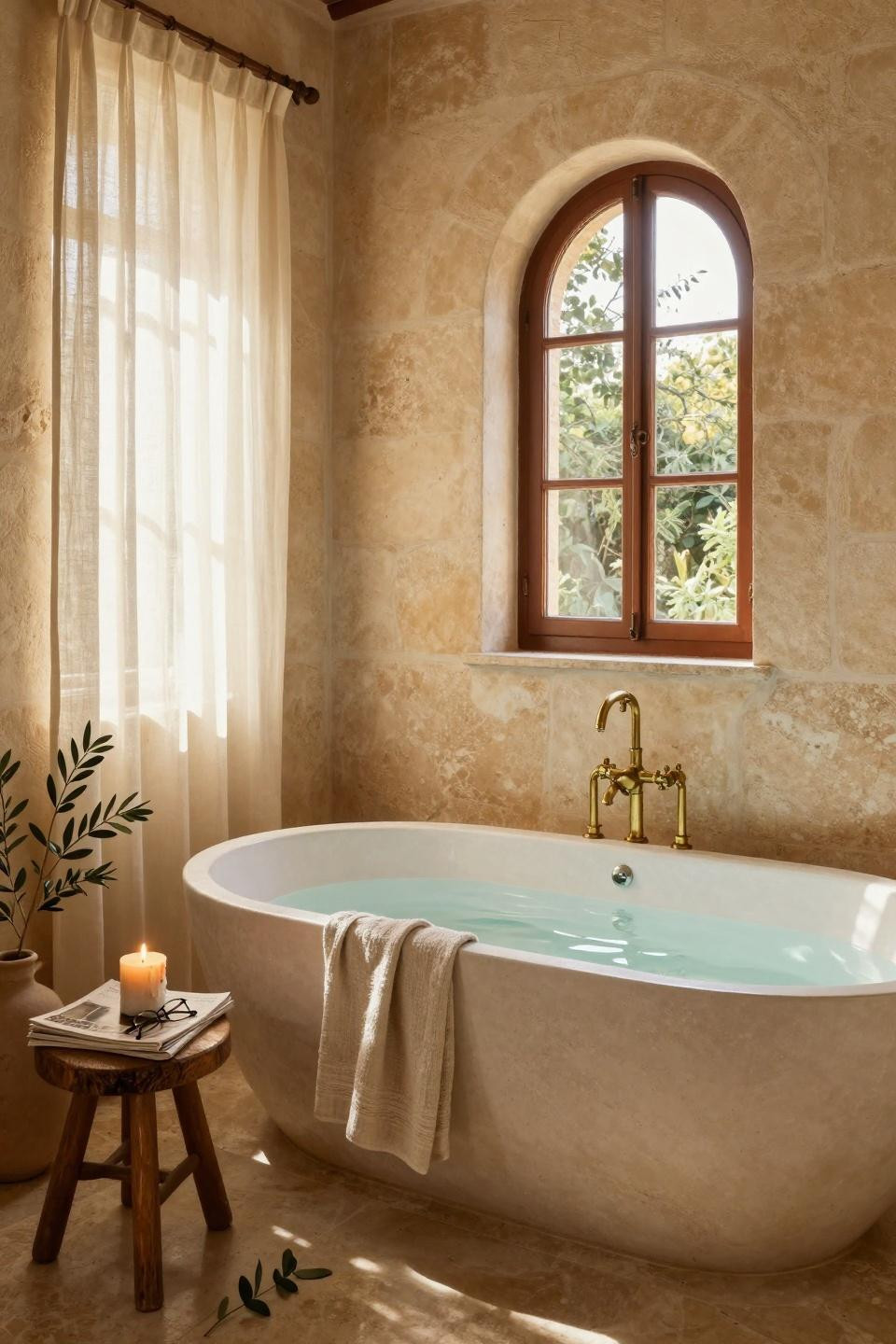 Mediterranean bathroom with smooth travertine tub and aged brass fixtures