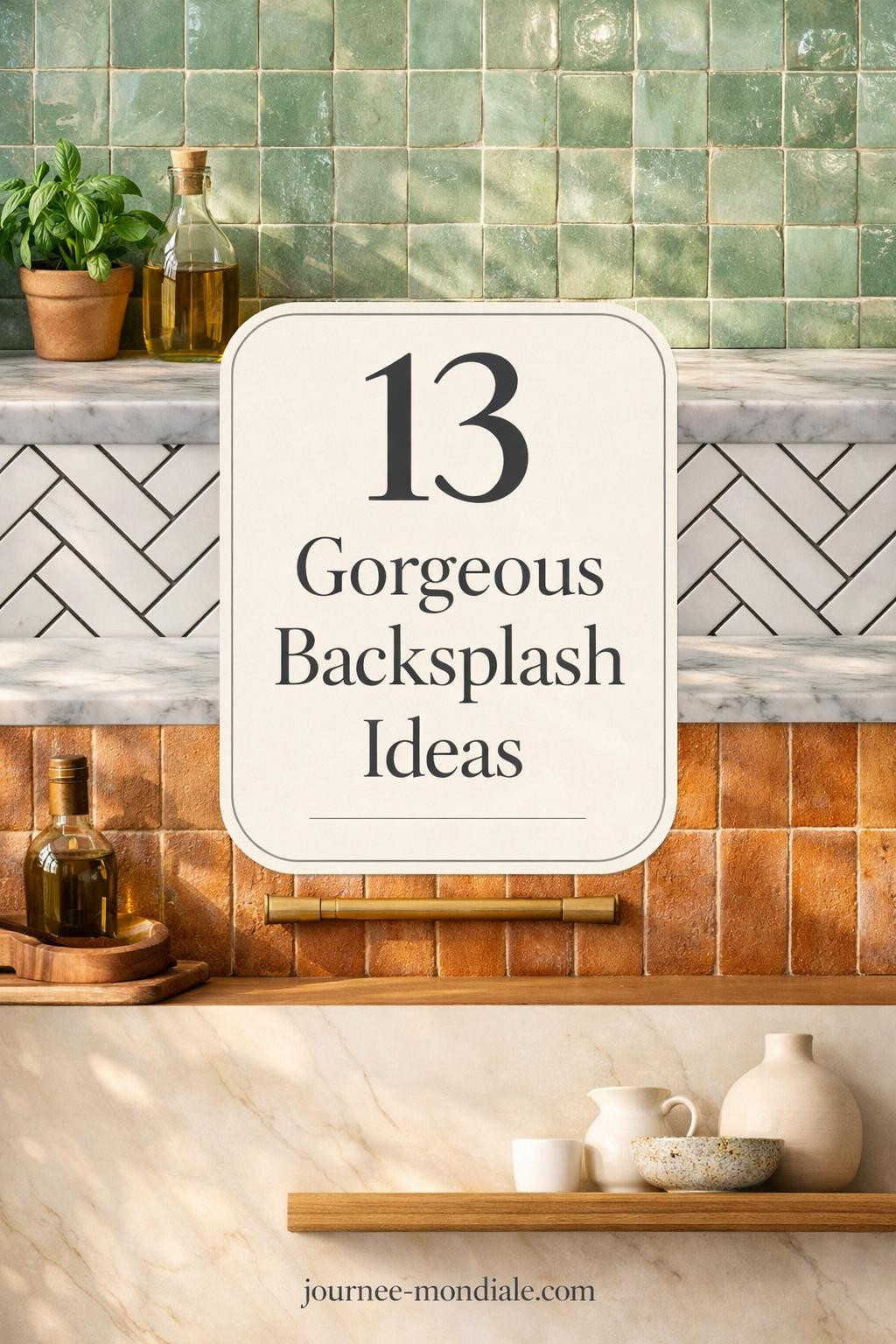 Four kitchen backsplash vignettes showing sage green zellige tile, white subway herringbone, warm terracotta ceramic, and cream porcelain with natural light