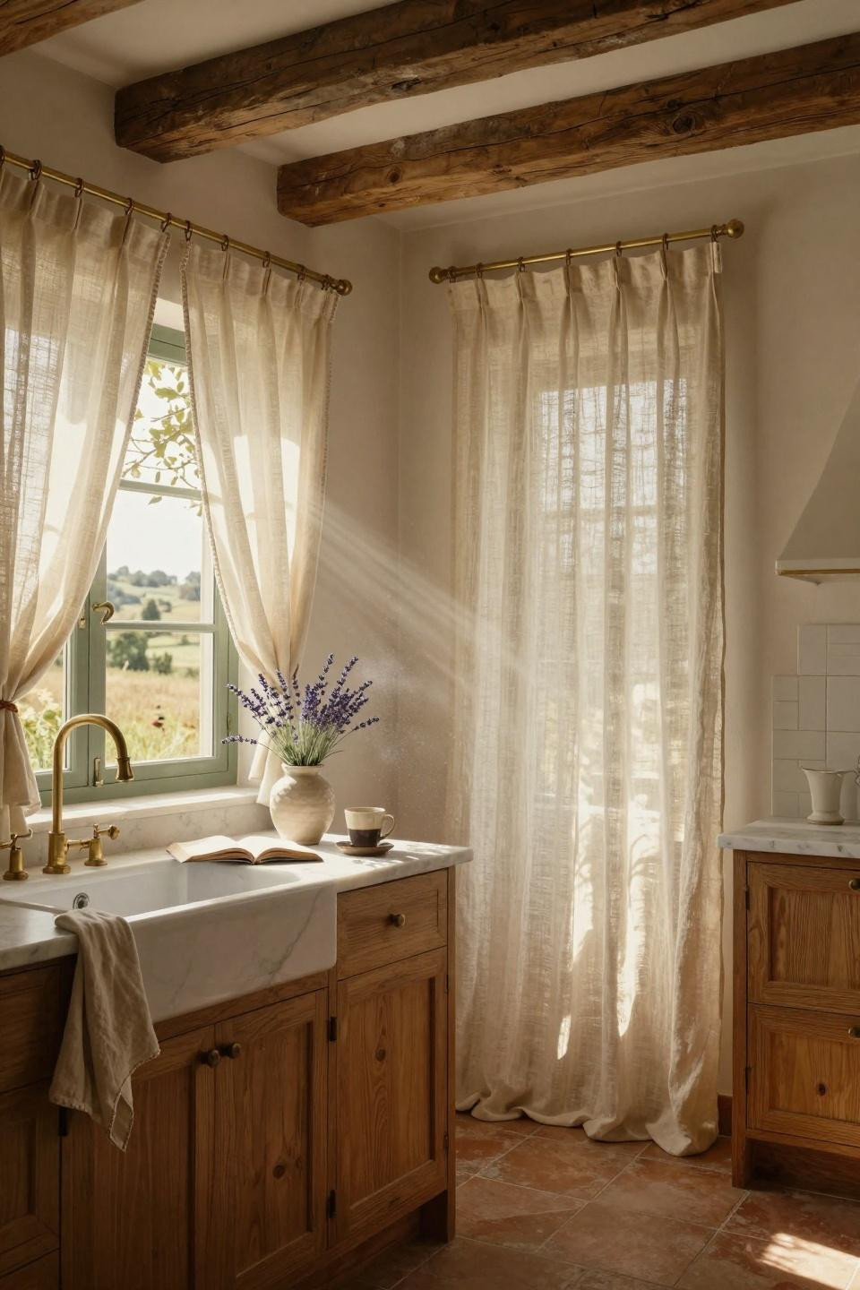 Kitchen Curtain Ideas - sheer cafe style curtains in dining space