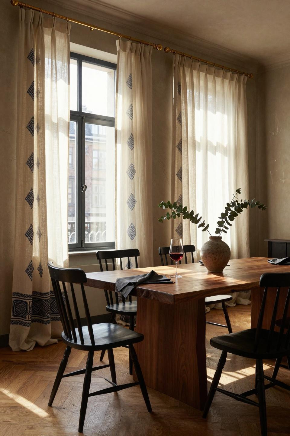 Kitchen Curtain Ideas - patterned linen cafe curtains with geometric designs