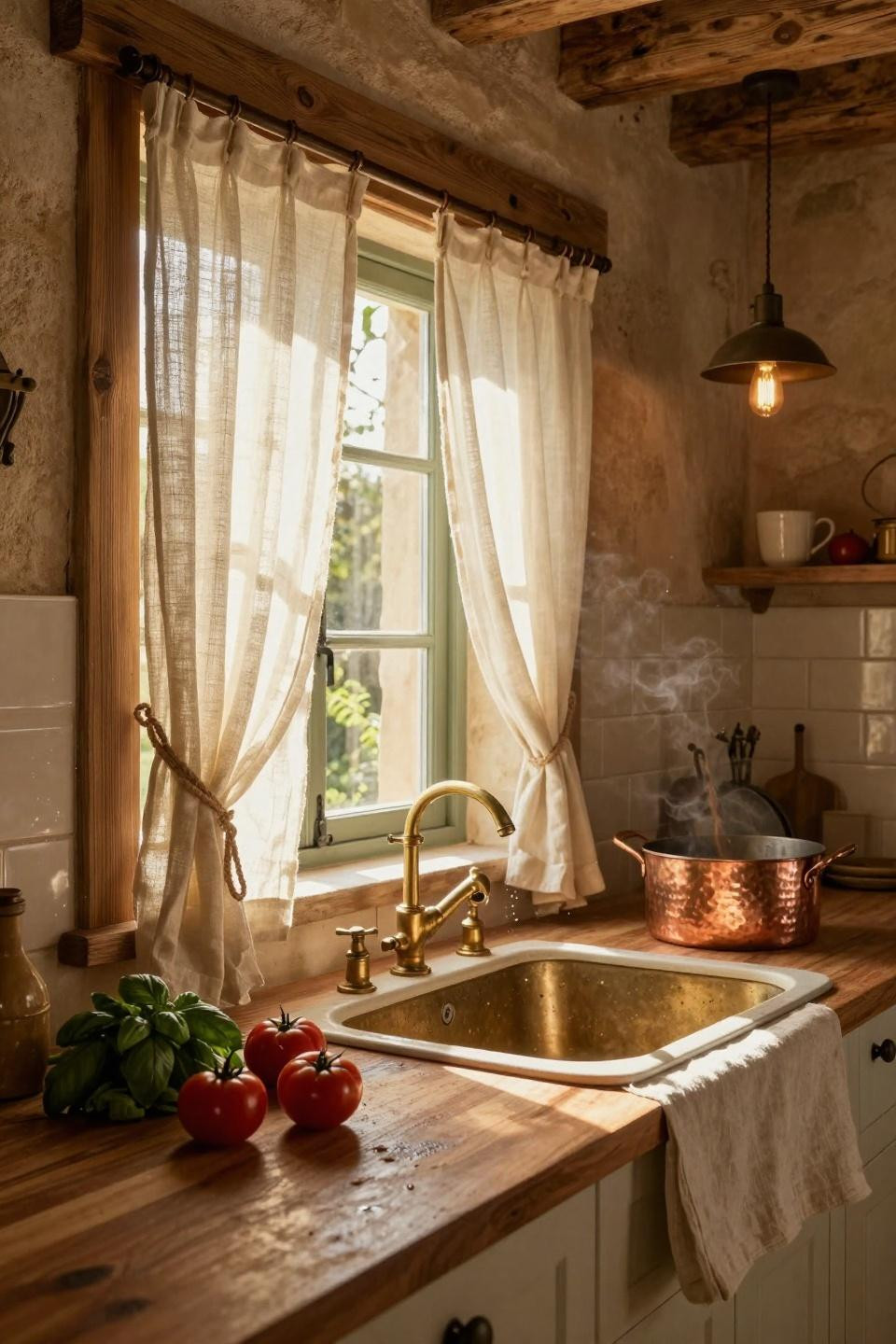 Kitchen Curtain Ideas - full length linen curtains tied with natural rope