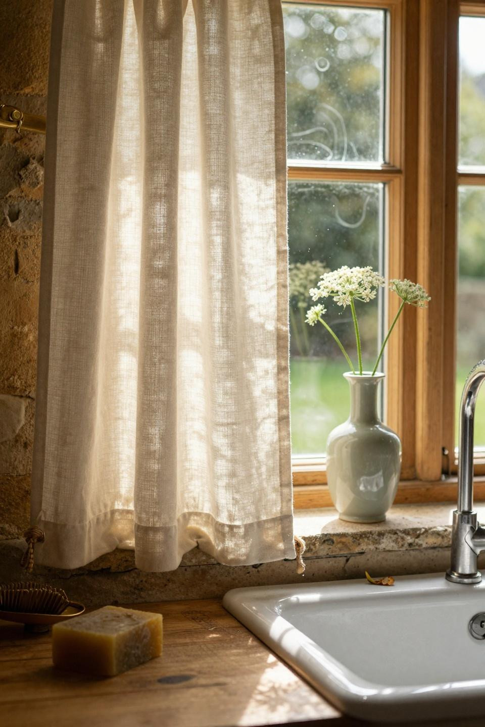 Kitchen Curtain Ideas - close detail of linen curtains with vintage sink