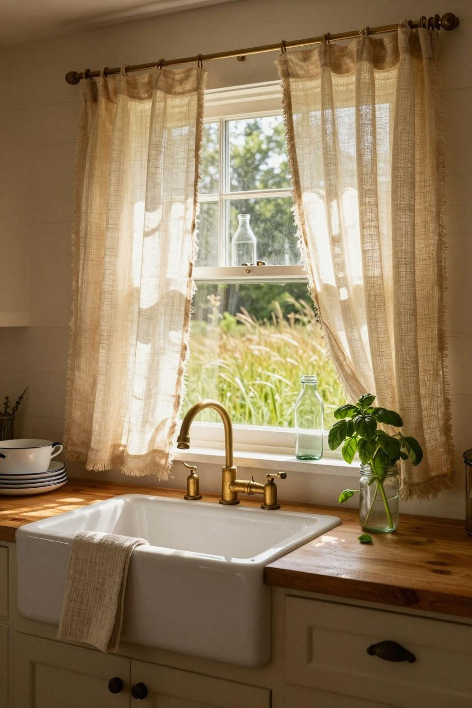 Kitchen Curtain Ideas - layered natural curtains over farmhouse sink