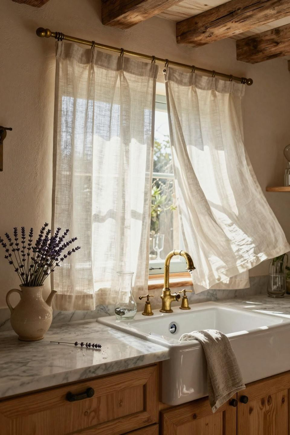Kitchen Curtain Ideas - breezy linen cafe curtains over farmhouse sink