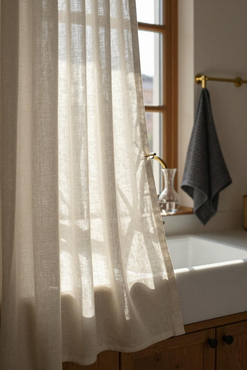 Kitchen Curtain Ideas - full length natural linen curtains with custom details
