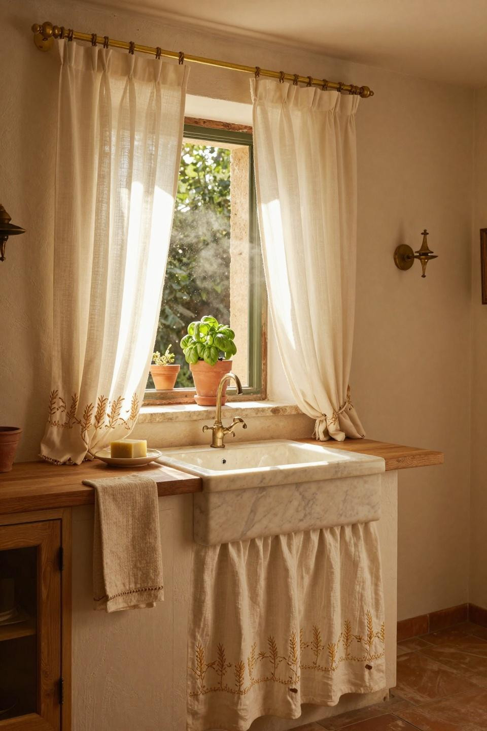 Kitchen Curtain Ideas - soft linen panels with hand-painted tile backsplash