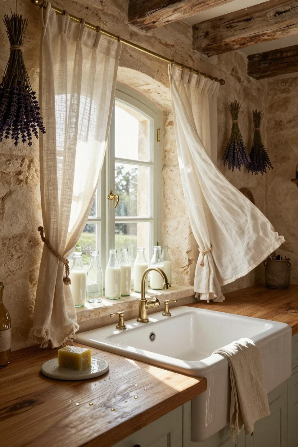 Kitchen Curtain Ideas - natural linen panels with rustic rope tiebacks