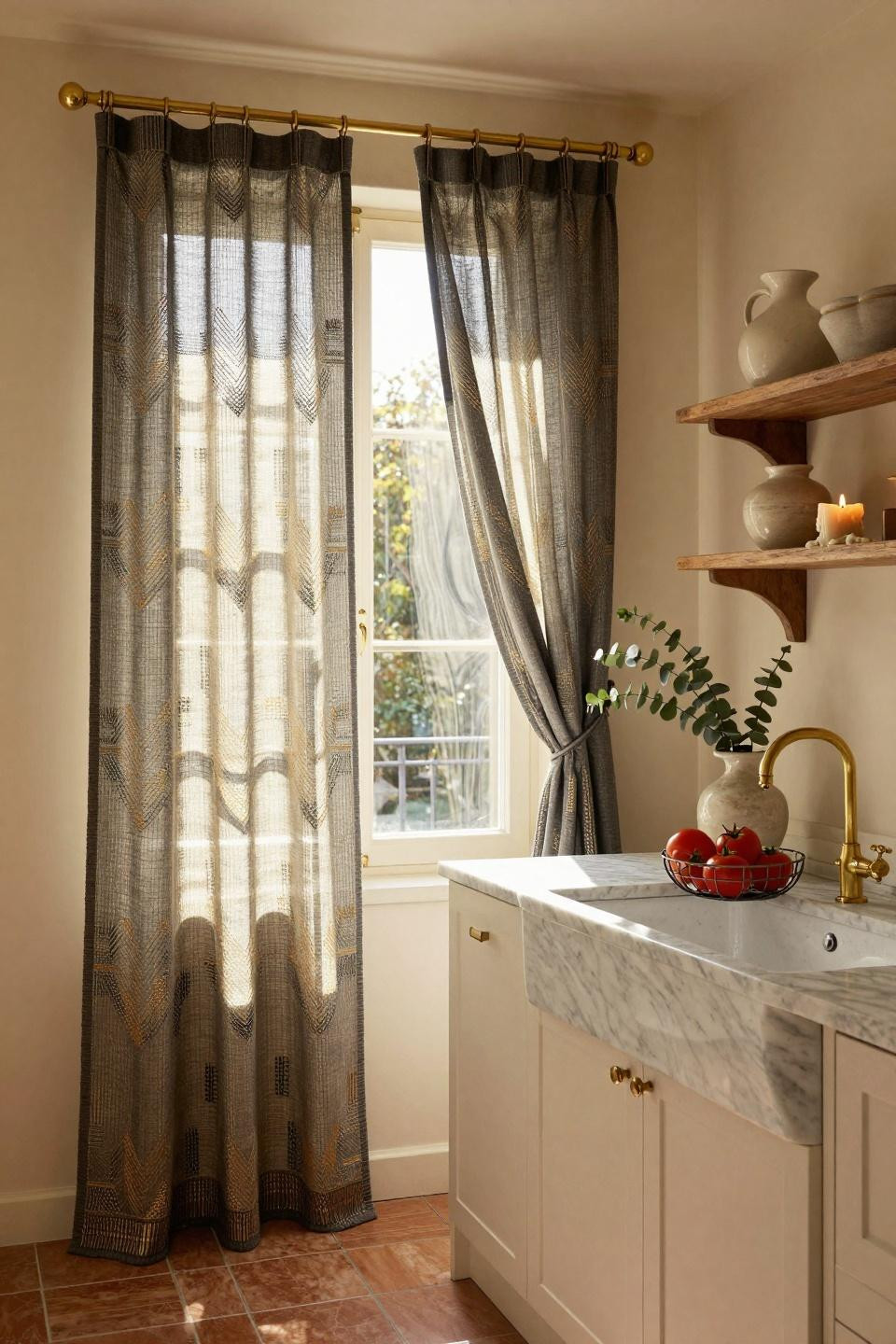 Kitchen Curtain Ideas - linen curtains with delicate embroidered botanical details