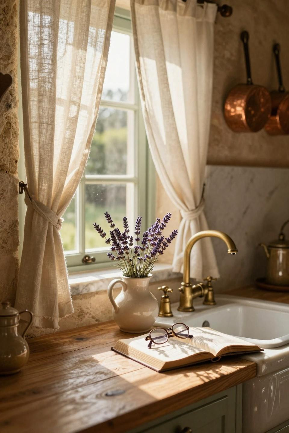 Kitchen Curtain Ideas - cafe curtains framing large porcelain farmhouse sink