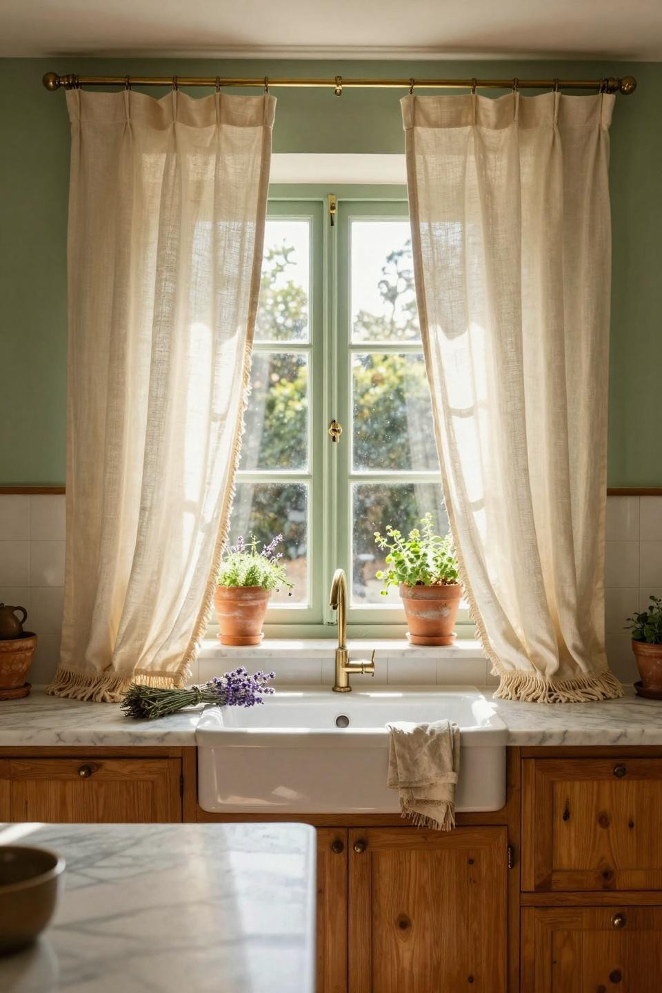 Kitchen Curtain Ideas - light filtering cafe curtains in minimal kitchen