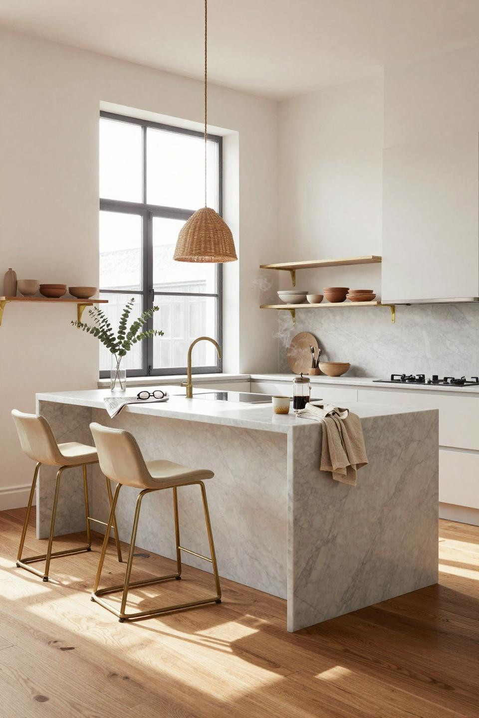 kitchen island ideas - open kitchen with sculptural marble centerpiece