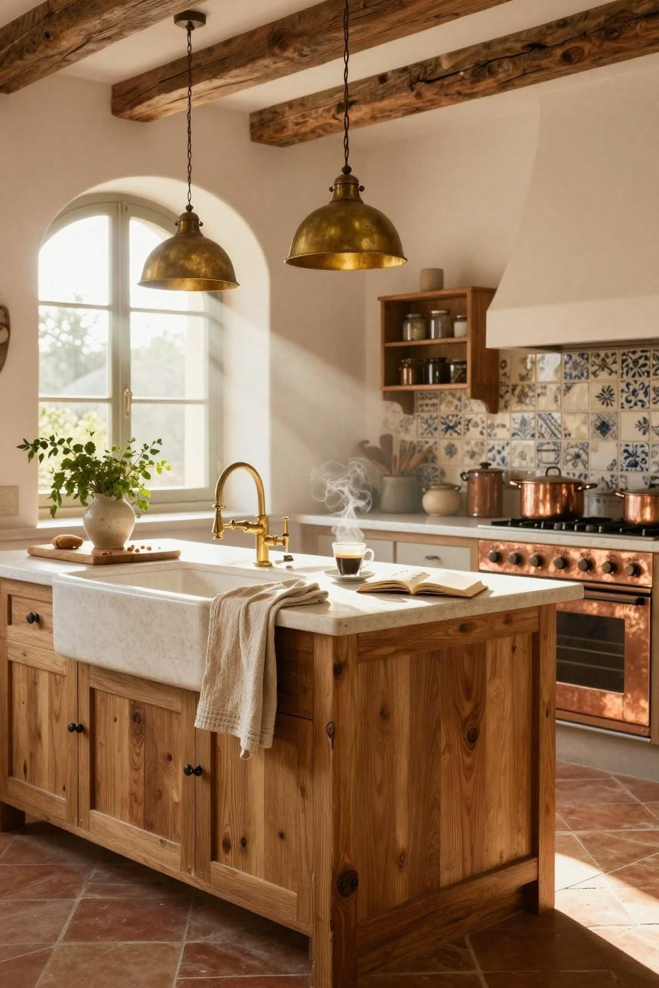 kitchen island ideas - open kitchen with carved stone sink