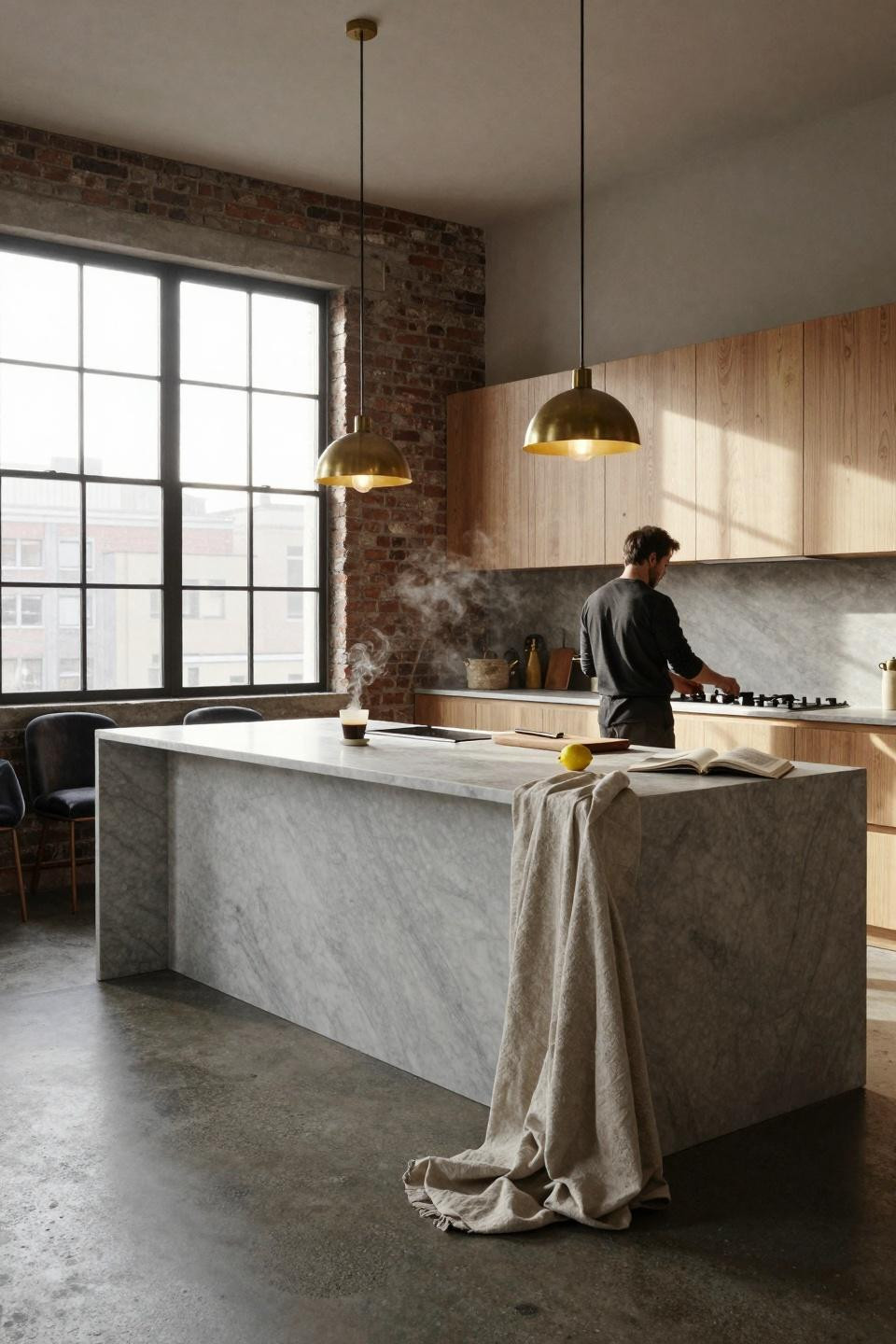 kitchen island ideas - modern industrial with dramatic marble slab