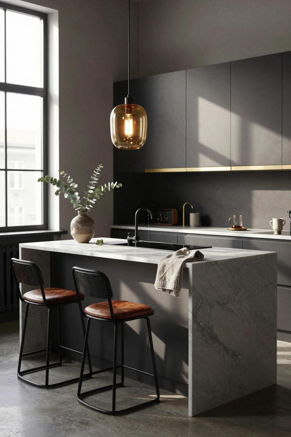 kitchen island ideas - minimalist small space with dark cabinets