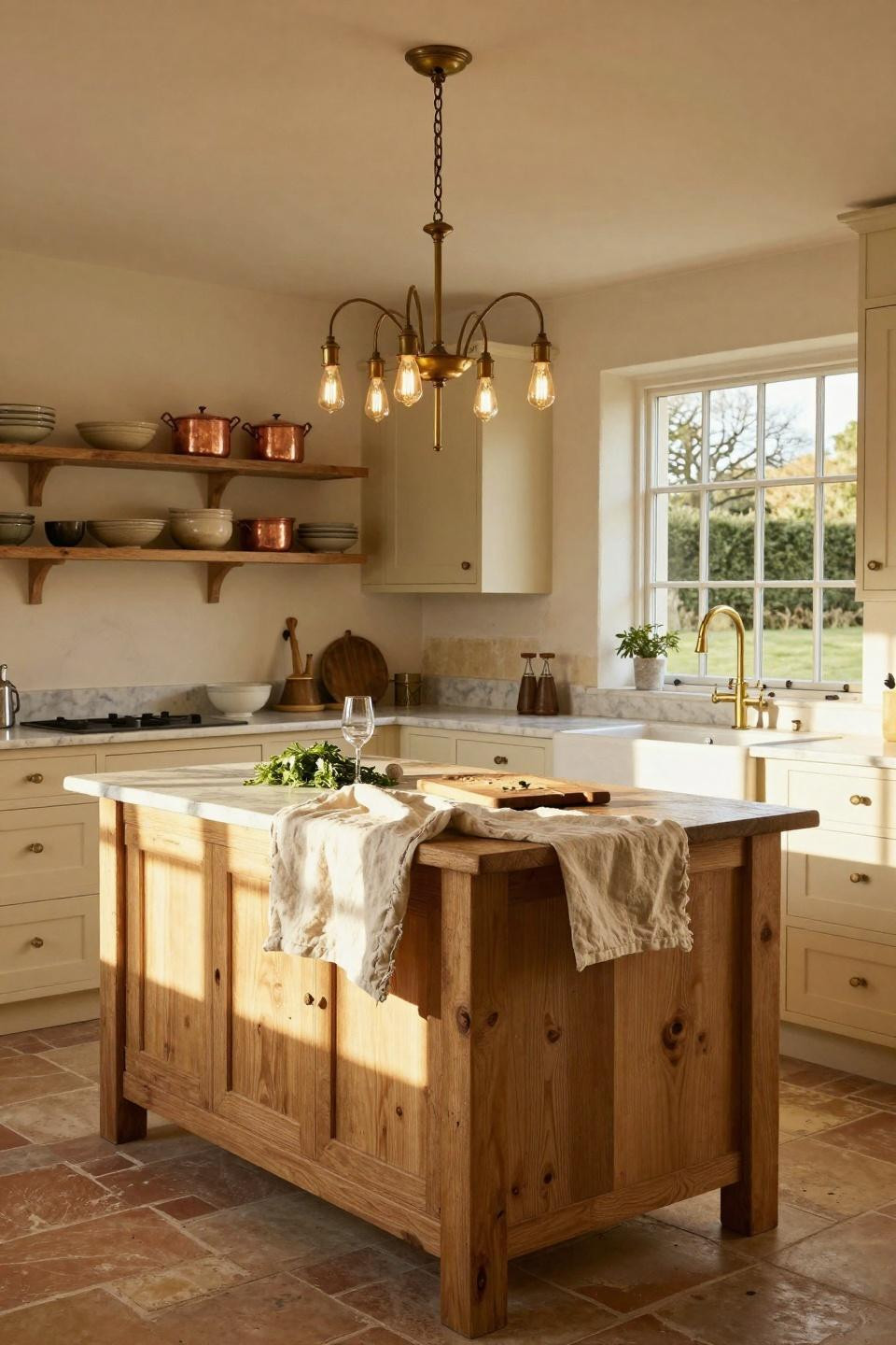 kitchen island ideas - eclectic farmhouse with chandelier accent