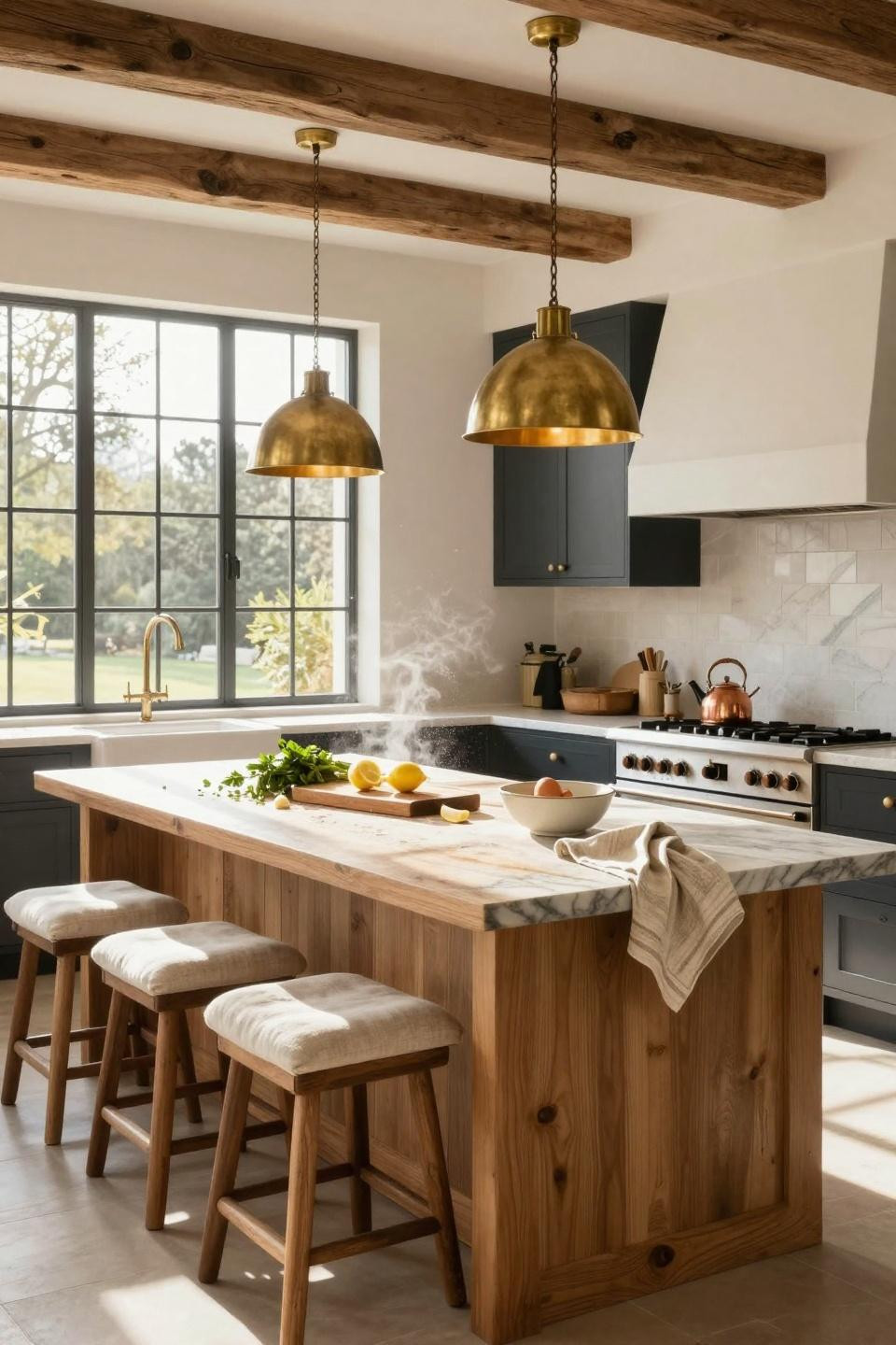 kitchen island ideas - farmhouse with marble and steel windows