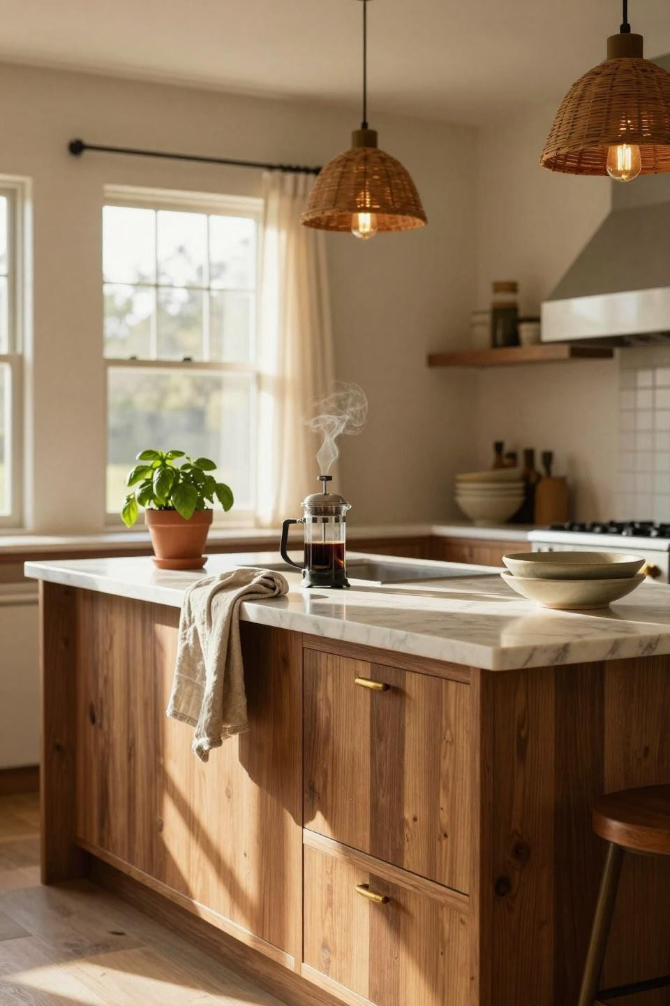 kitchen island ideas - modern farmhouse with walnut waterfall