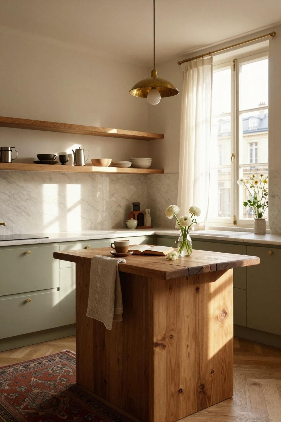 kitchen island ideas - small apartment galley with butcher block
