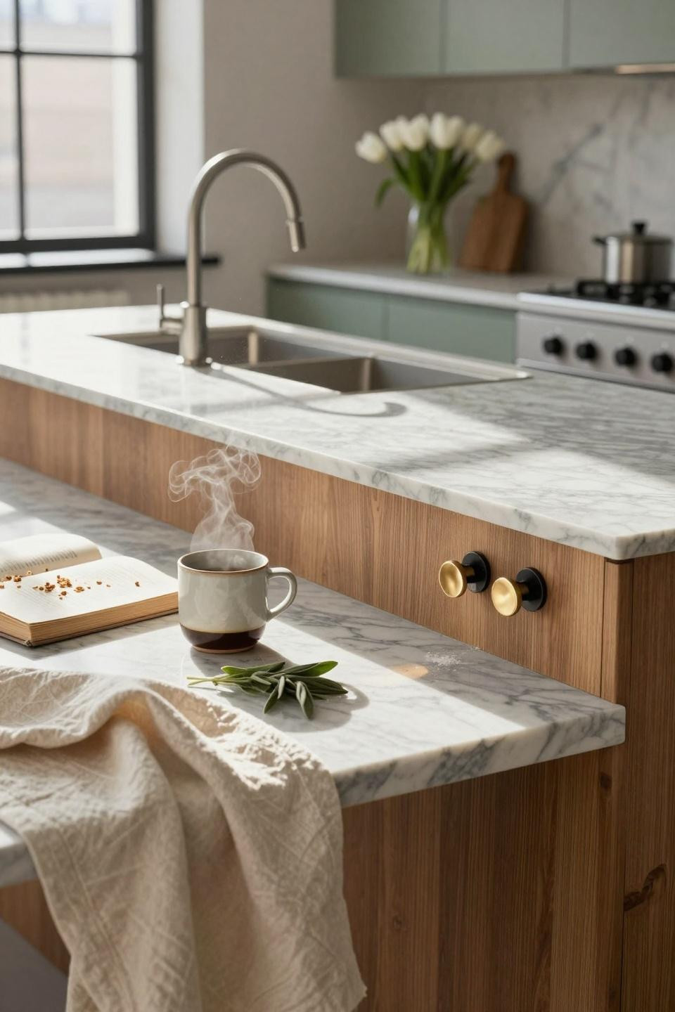 kitchen island ideas - sculptural waterfall edge with honey oak