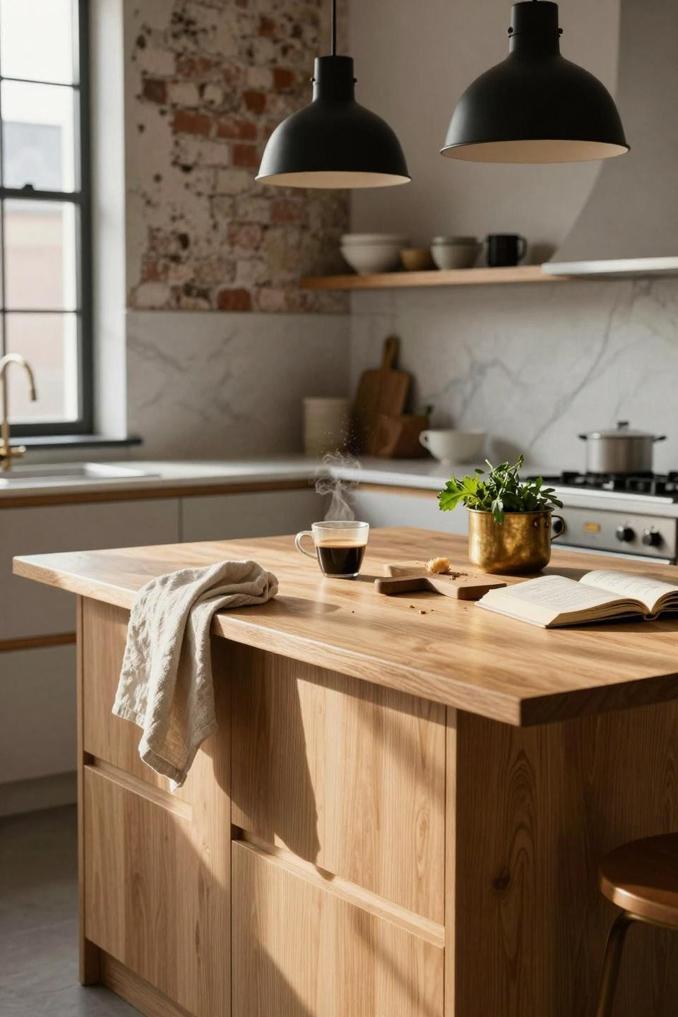 kitchen island ideas - compact Scandinavian with floating shelves