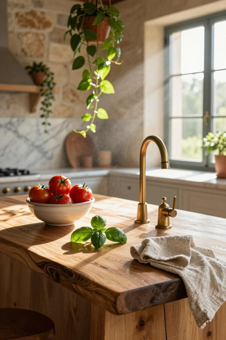 kitchen island ideas - live edge walnut with copper accents
