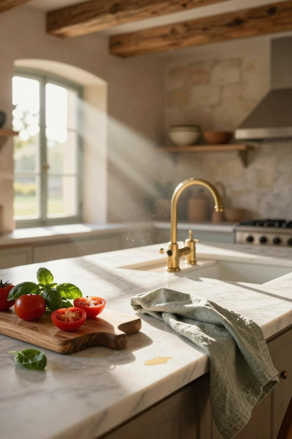 kitchen island ideas - rustic detail with potted herbs