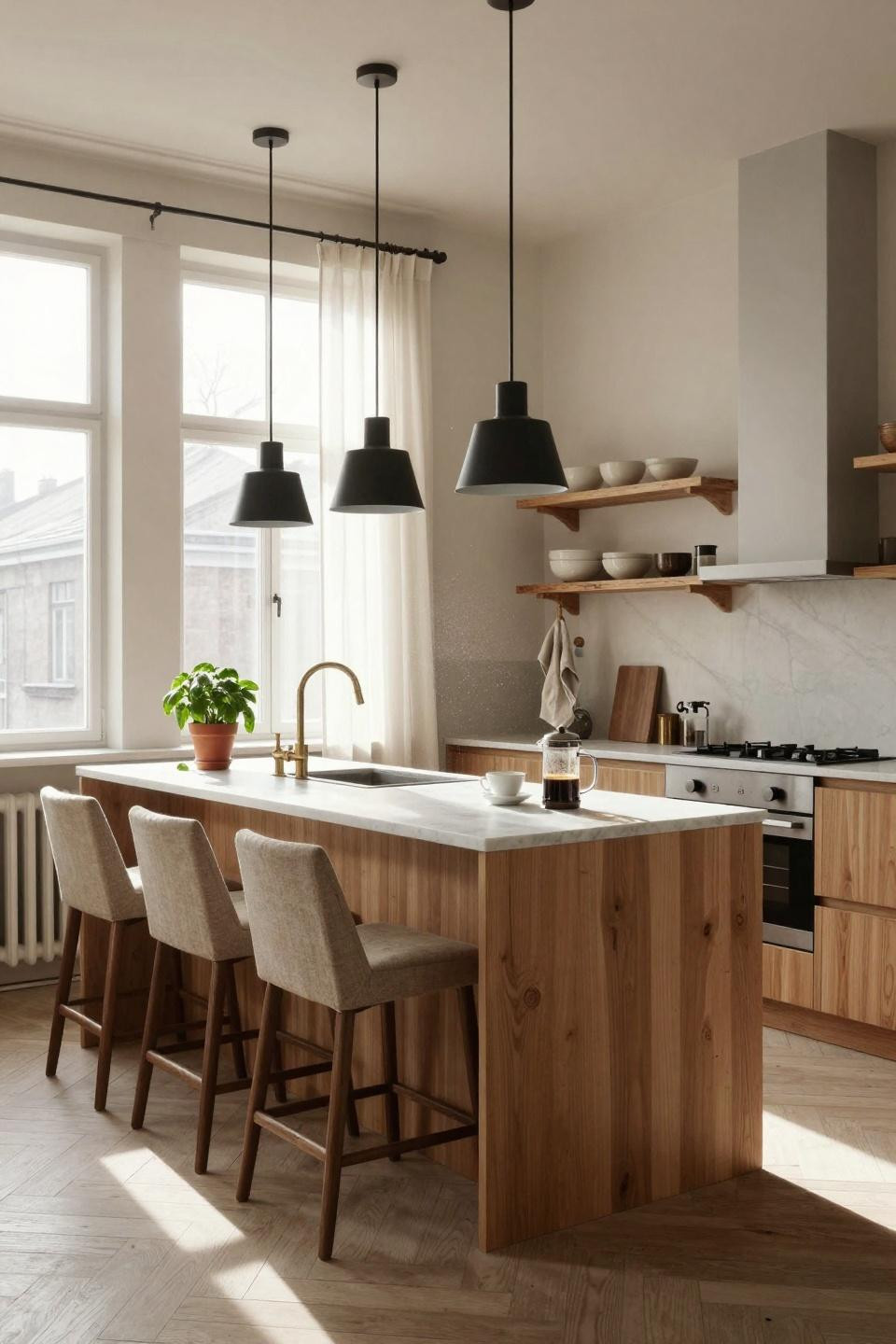 kitchen island ideas - minimalist compact with chevron flooring