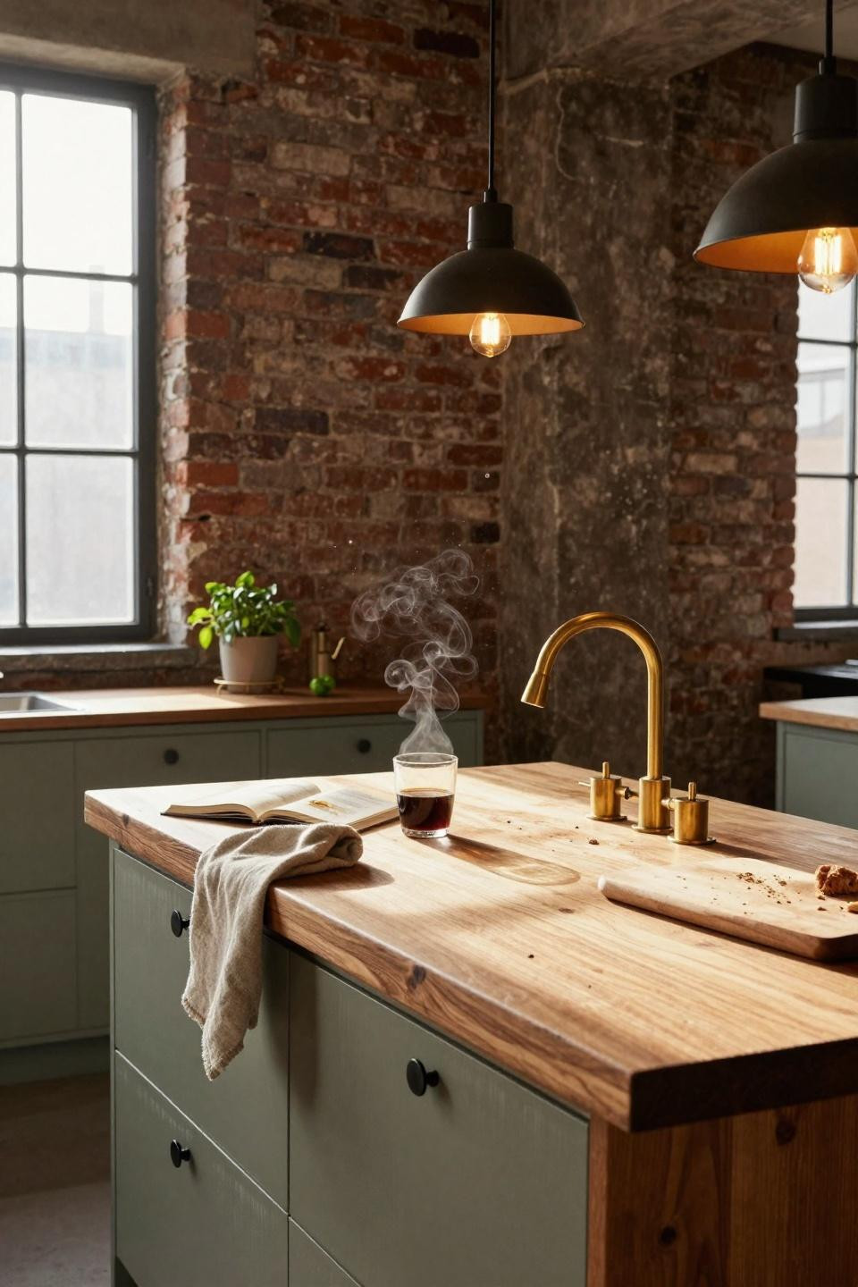 kitchen island ideas - eclectic warehouse with brick and wood