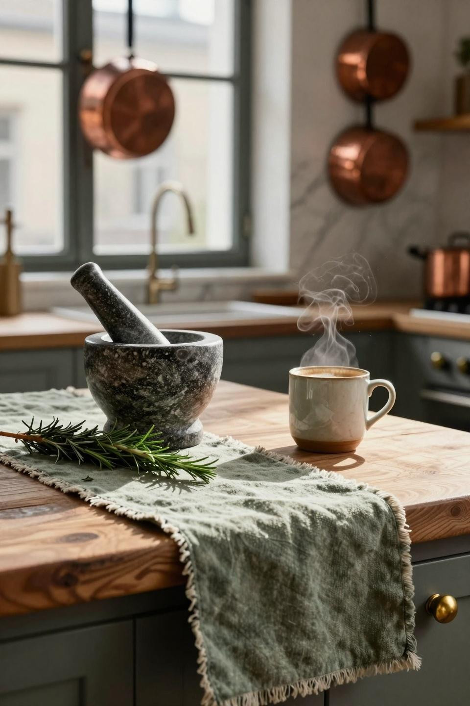 kitchen island ideas - cozy setup with artisan styling details