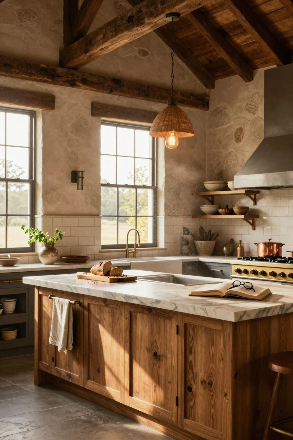 kitchen island ideas - farmhouse with reclaimed timber beams