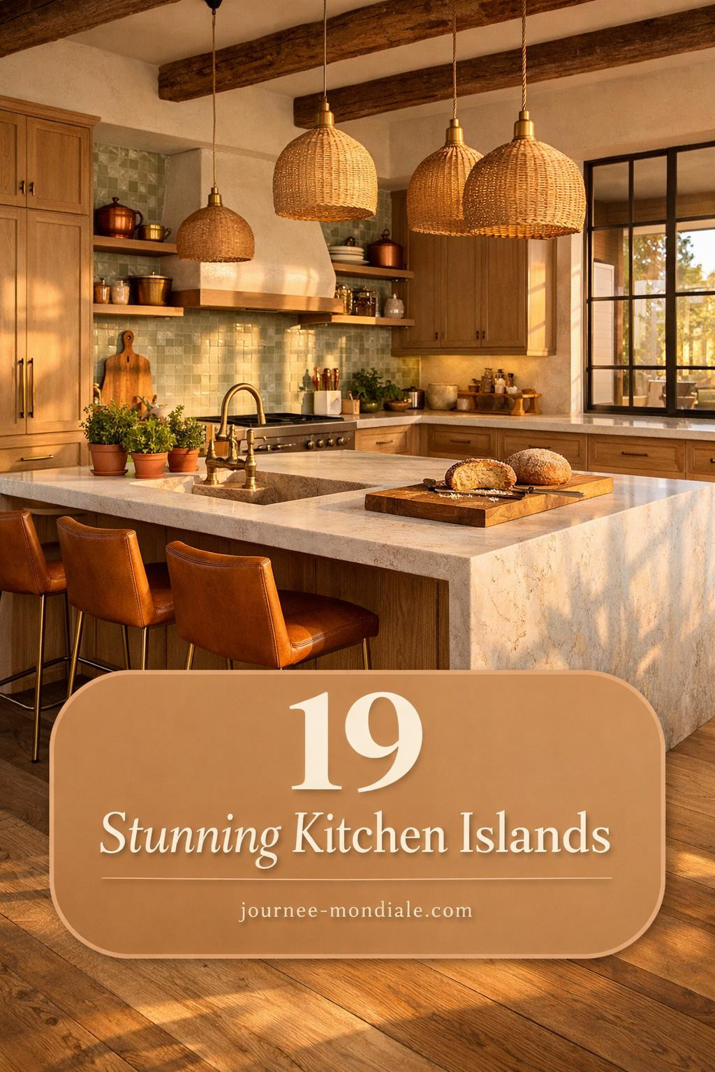 Spacious modern kitchen featuring large white marble island with gold pendant lights, white cabinetry, and open layout