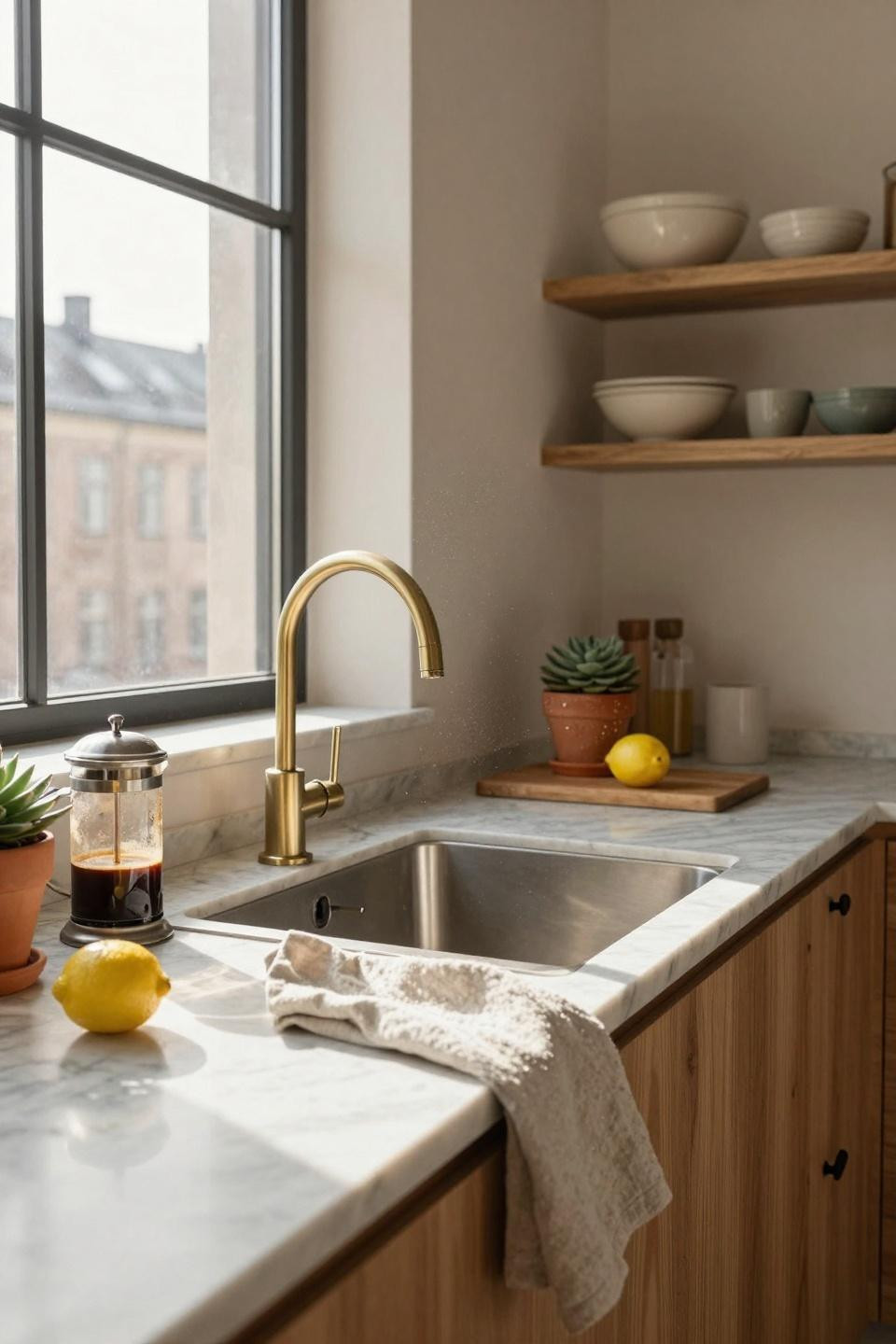 Kitchen Sink Ideas - compact kitchen with floating oak shelves