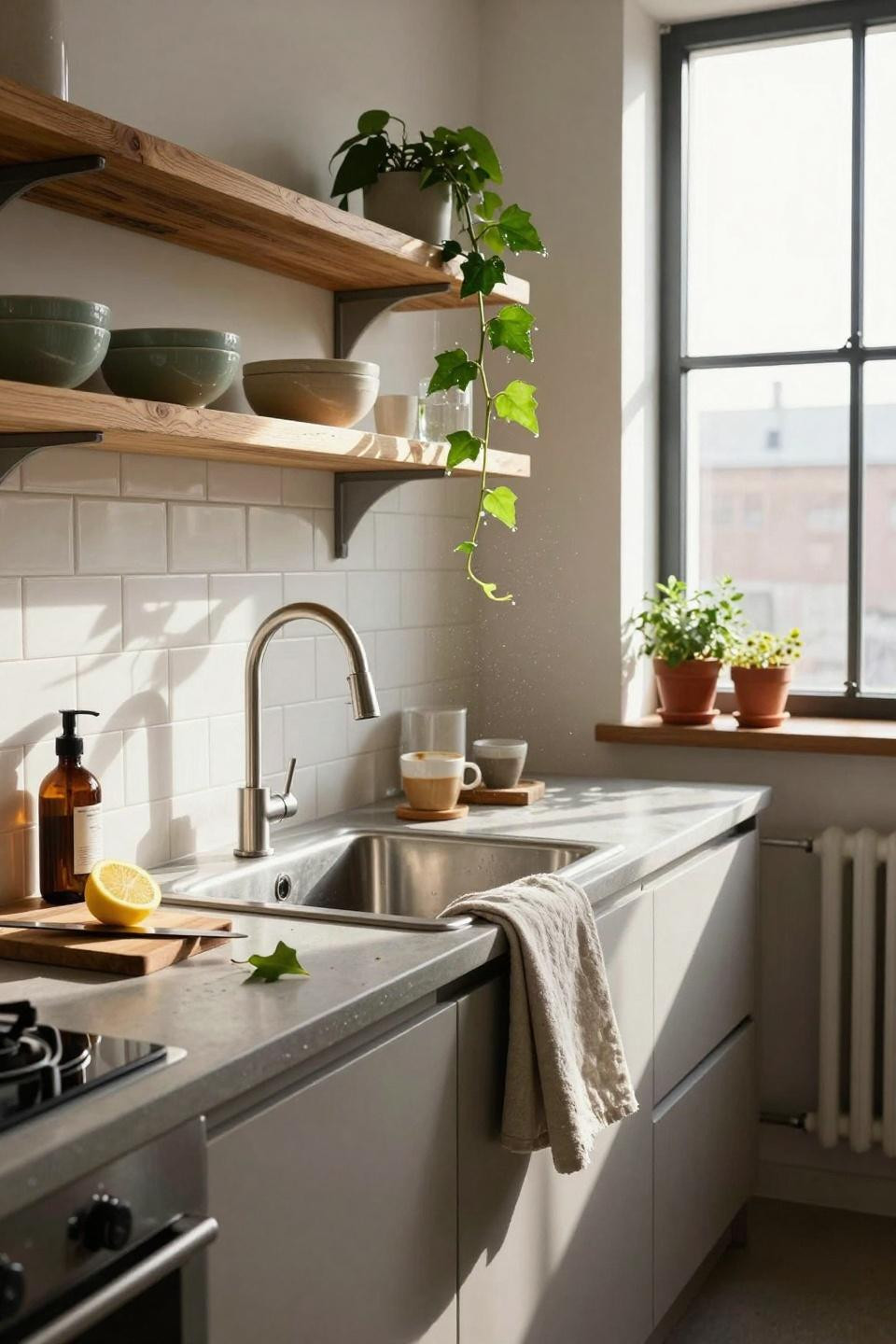 Kitchen Sink Ideas - small kitchen with brushed nickel pull-down faucet