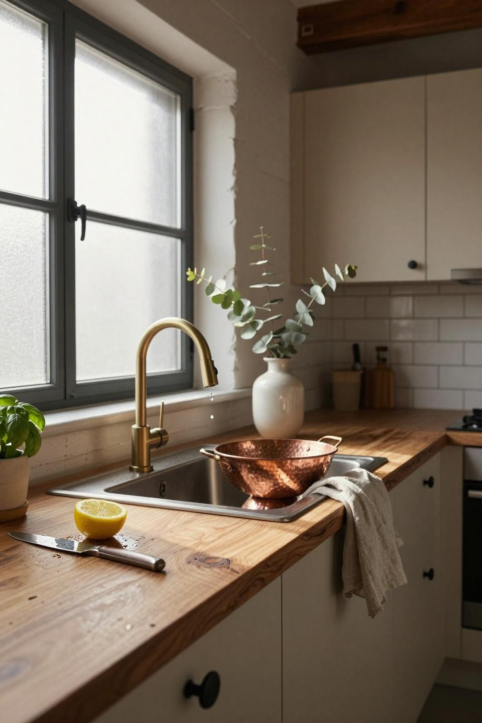 Kitchen Sink Ideas - hand-hammered copper colander in stainless undermount sink