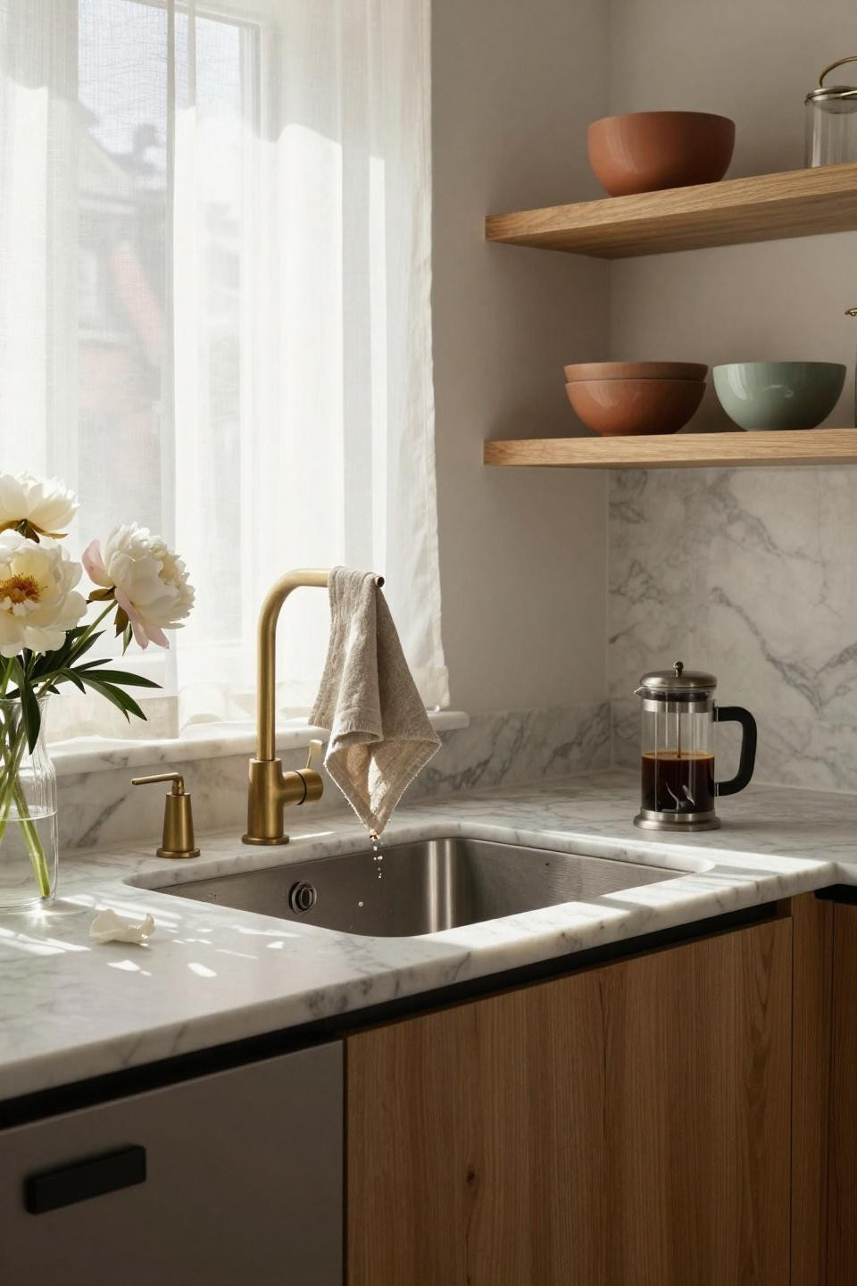 Kitchen Sink Ideas - honed marble counter with stainless steel sink and brass faucet