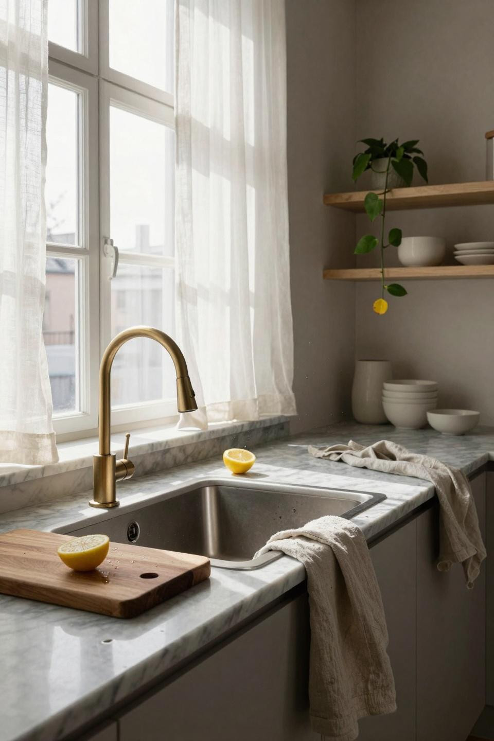 Kitchen Sink Ideas - walnut cutting board with lemon beside steel sink