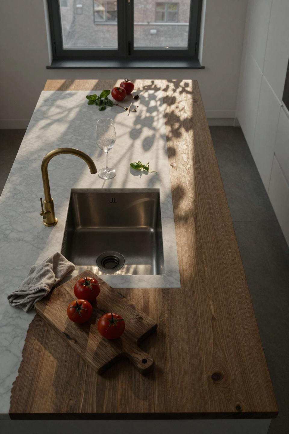 Kitchen Sink Ideas - live edge oak island with brass gooseneck faucet