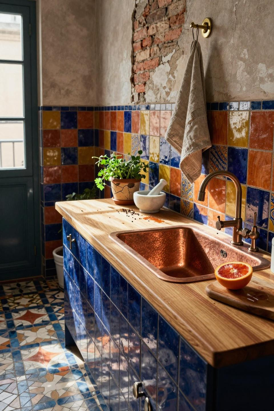 Kitchen Sink Ideas - hammered copper sink with Moroccan tile backsplash