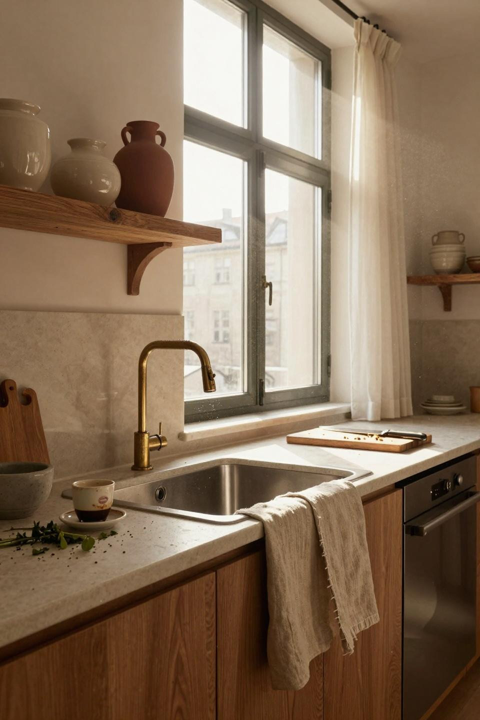 Kitchen Sink Ideas - beige kitchen with travertine counters and brass faucet