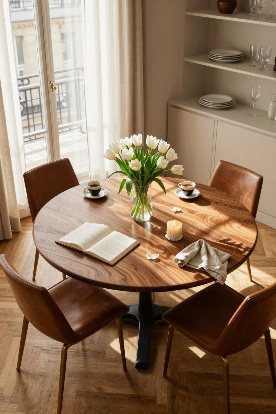 Kitchen table ideas - round walnut table with tulip chairs