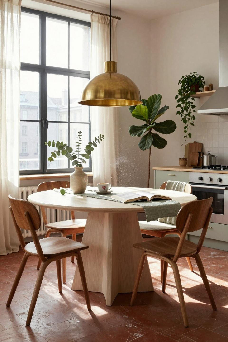 Kitchen table ideas - honey oak round table in open kitchen