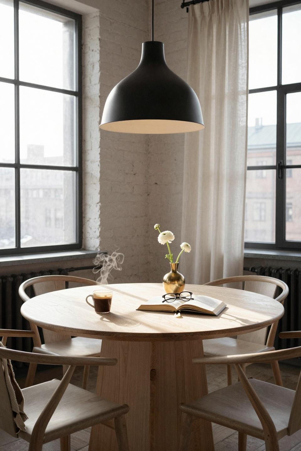 Kitchen table ideas - white oak round table in brick alcove