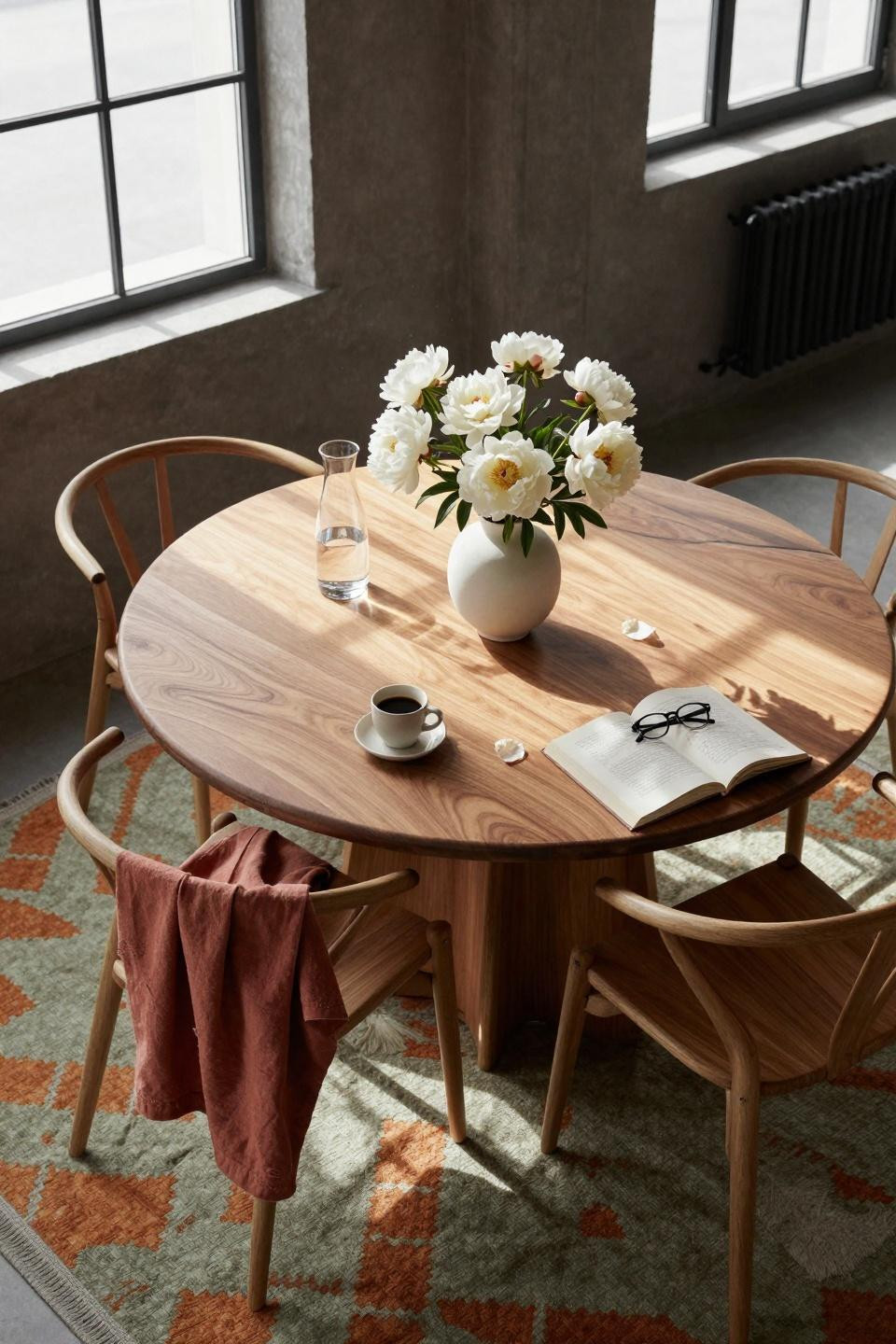Kitchen table ideas - Scandinavian dining nook with round walnut table