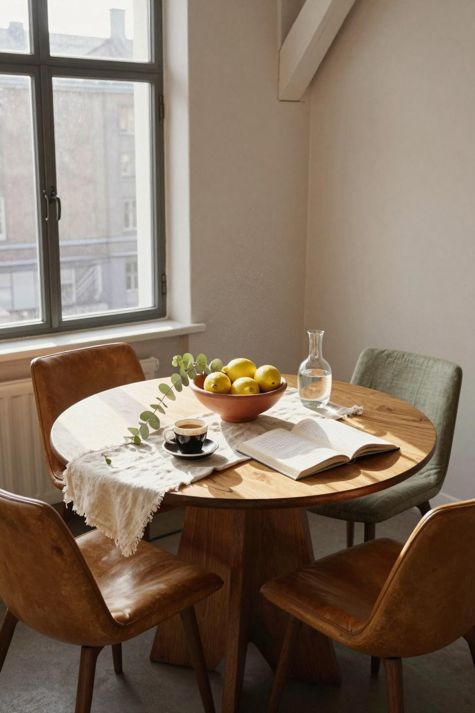Kitchen table ideas - small round oak table with mismatched chairs